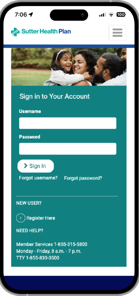 Sutter Health Plan Member Portal shown on a smartphone