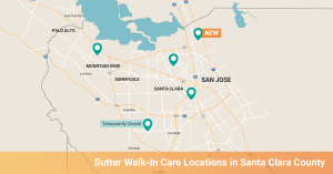 Map of Sutter Walk-in Care locations in Santa Clara County.
